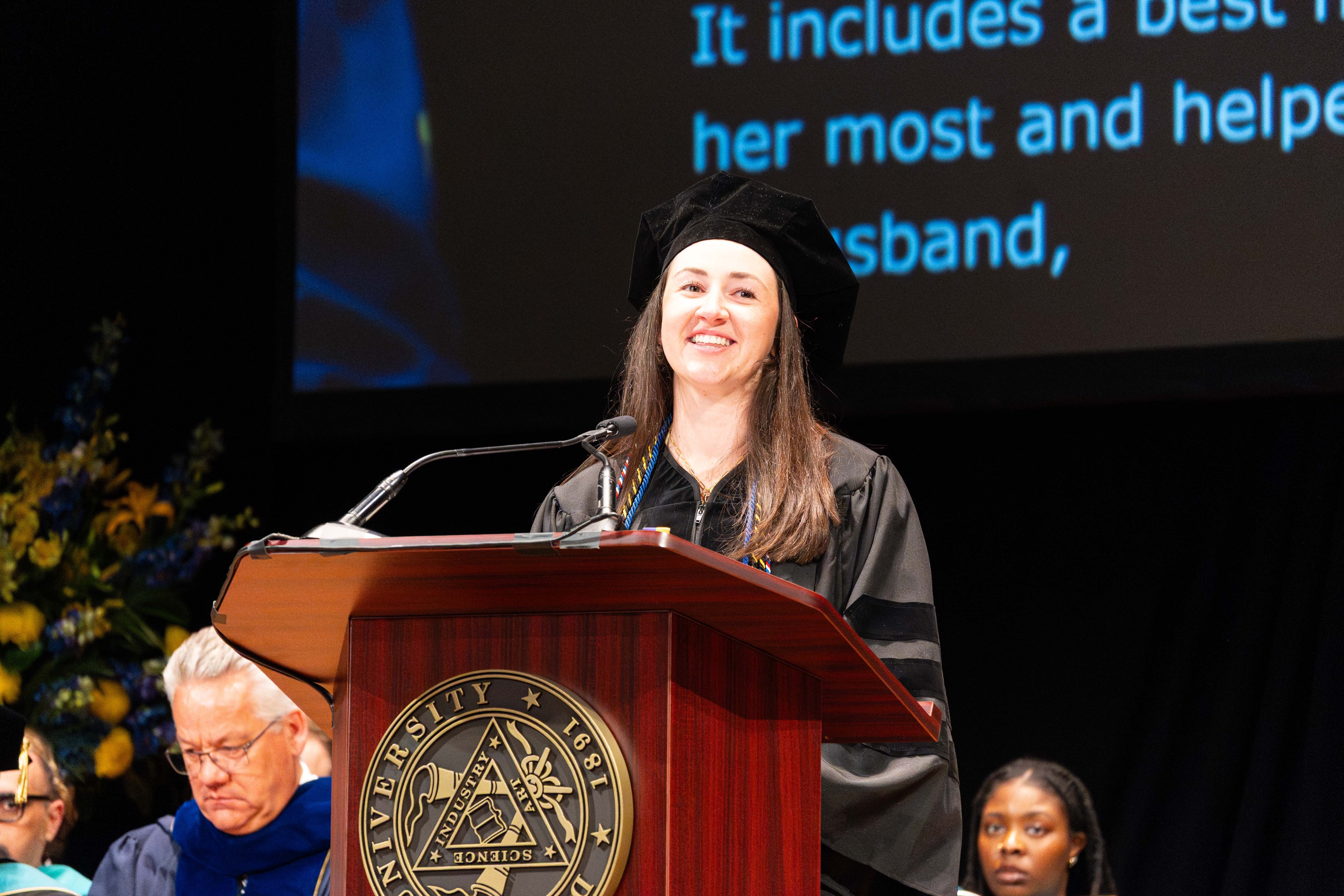 Commencement remarks at the podium by Anna German