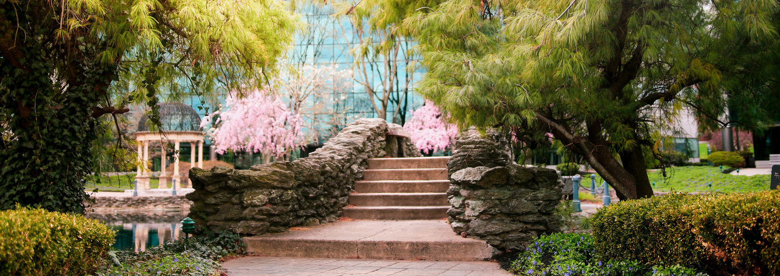 gazebo and steps over pond
