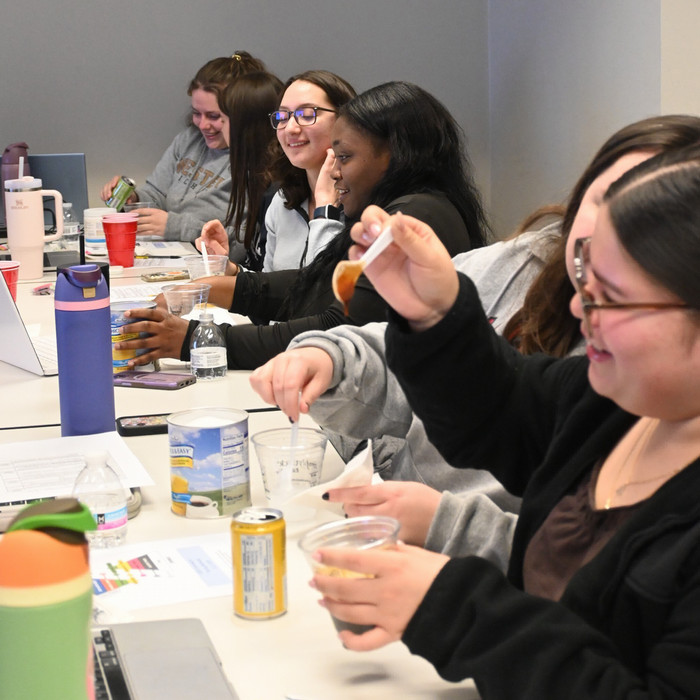 SLP students creating thickened liquids
