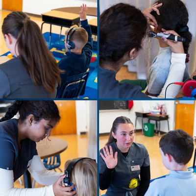 collage of audiology students providing hearing exams to children