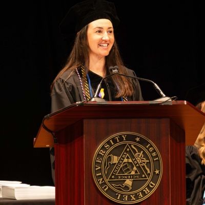 Anna German at the commencement podium thumb