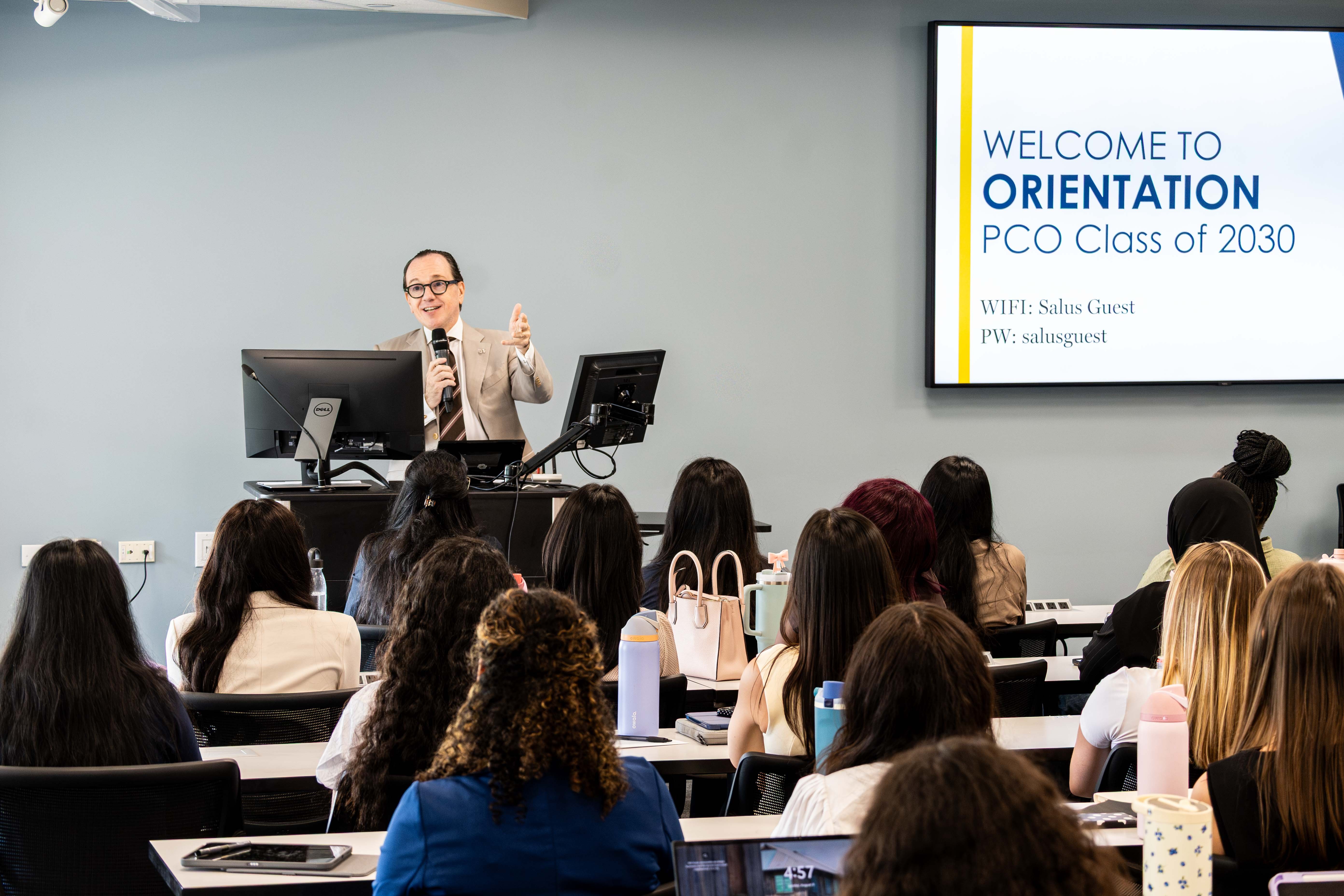 President Merlo speaks to students at orientation