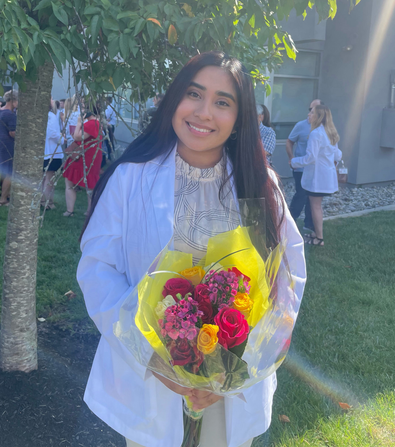 Caren in her white coat