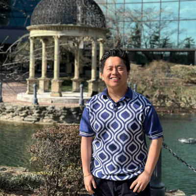 Joshua in front of the gazebo