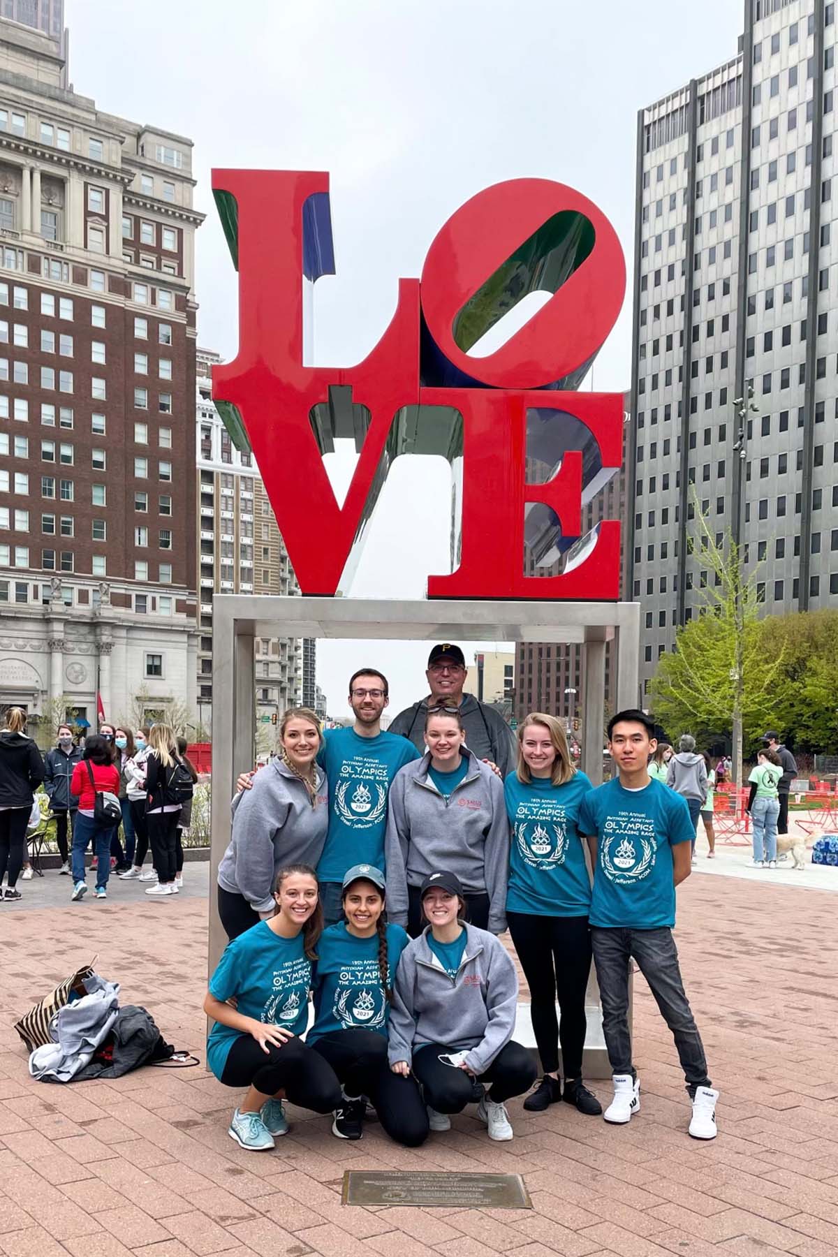 Lydia Gladfelter with fellow PA friends at Love Park in Philadelphia during PA Olympics