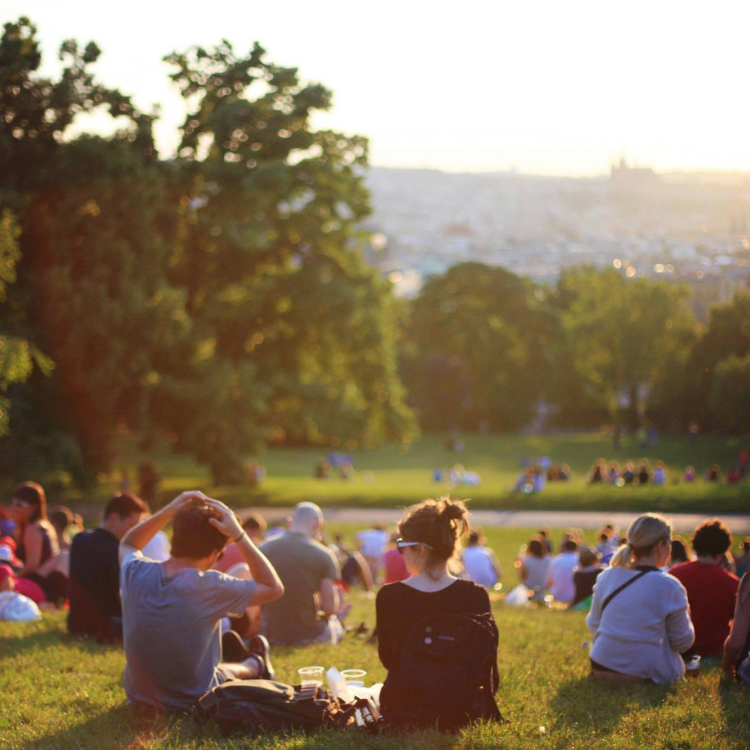 people sitting on a lawn for a concert